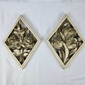 Vintage Universal Statuary Co 1958 Set of 2 Chalkware Floral Wall Hangings